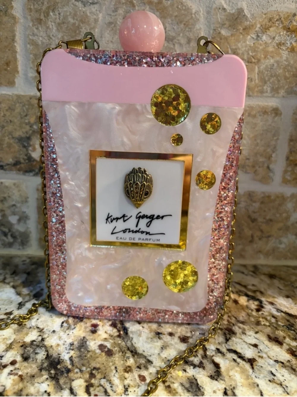 Kurt Geiger Pink Pearl and Gold Sequin Perfume Bottle Crossbody